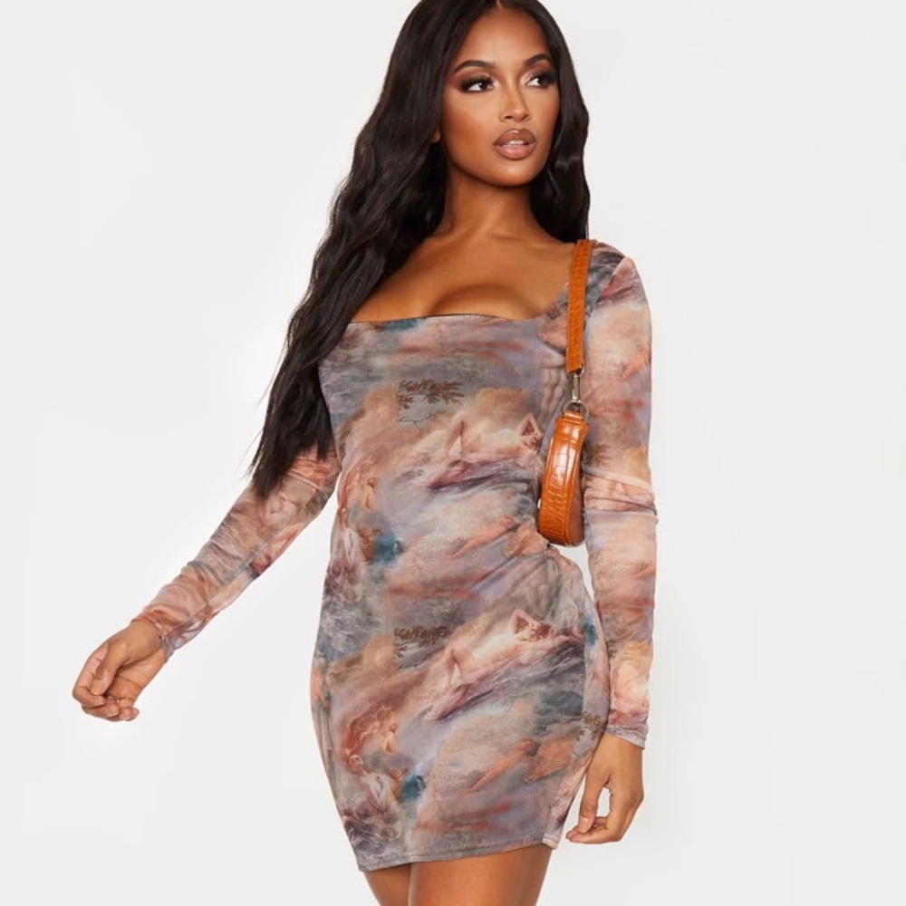 PrettyLittleThing Shape Nude Renaissance Print Mesh Square Neck Bodycon Dress